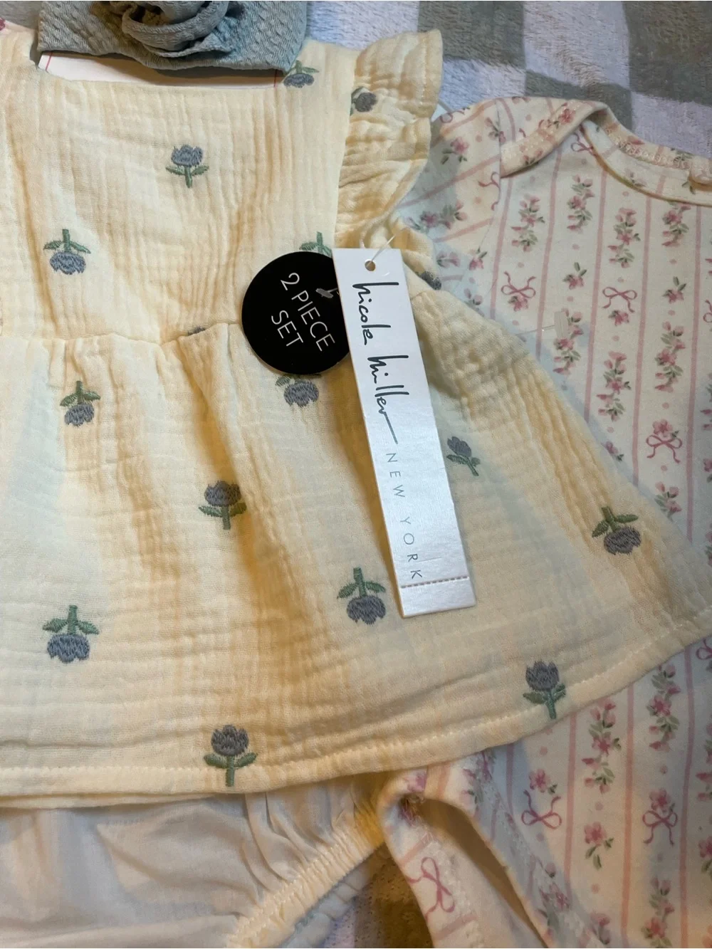 3-Piece Baby Girl Bodysuit & Dress Set Cream, Blue and Pink Floral - 6-9 months